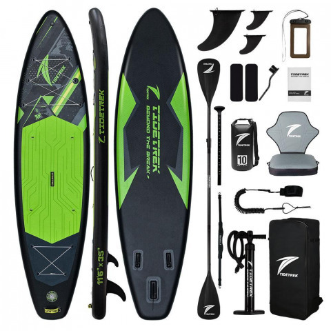 Сапборд TIDETREK SUPTT73C (350*89*15) черно-зелёный с сиденьем и двойным веслом, код 78947